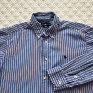 Ralph Lauren Boys Cotton Striped Button Down Shirt Blue Orange White Sz L 14-16